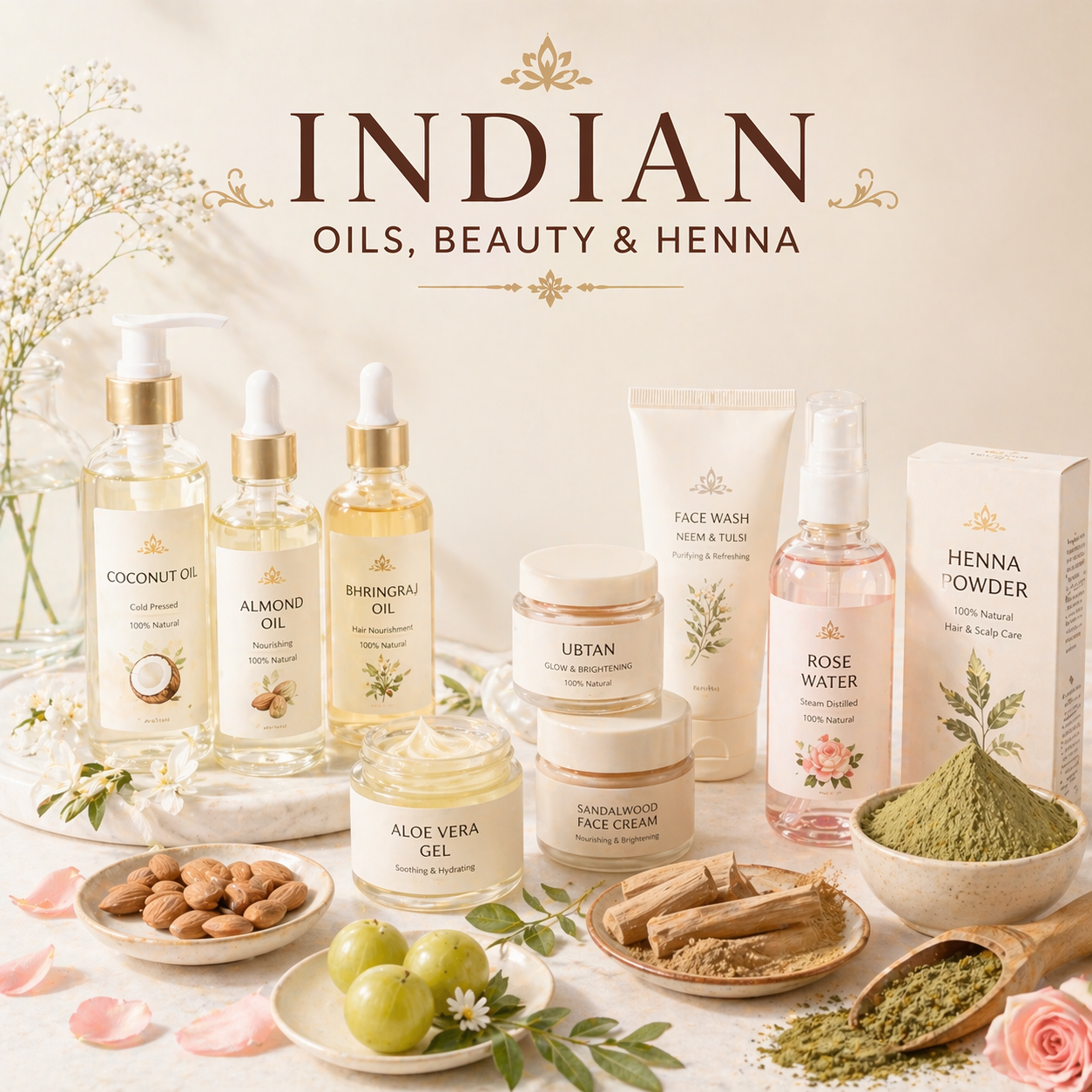 Hair oil, henna and beuty products